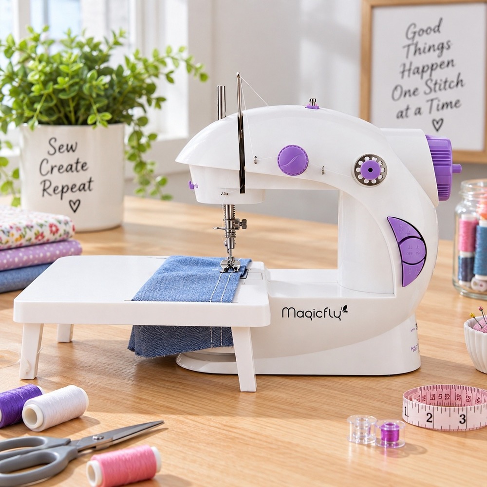 Magicfly MF600 Mini Sewing Machine with Extension Table and 42pc Accessory Kit